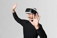 Man with VR headset touching invisible screen futuristic technology