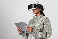 Female soldier wearing VR headset psd mockup