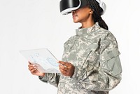 Female military using transparent tablet mockup with VR headset
