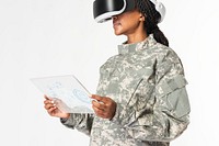 Military woman wearing VR headset with transparent tablet psd mockup
