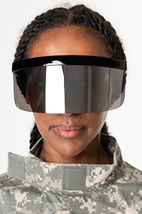 Female soldier wearing VR smart glasses touching virtual screen psd mockup