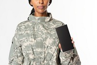 Female soldier carrying a smartphone 