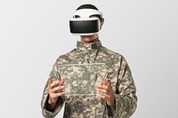 Military using transparent tablet mockup psd with VR headset simulation training military technology