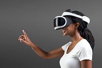 Woman with VR headset touching invisible screen futuristic technology