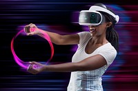 Woman with VR playing racing game