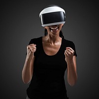 Woman with VR headset psd mockup cheering with excitement