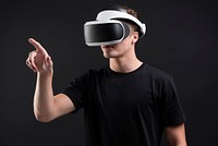 Man wearing VR headsets working on invisible screen futuristic technology