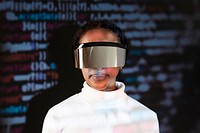 Female programmer experiencing metaverse, wearing smart glasses psd