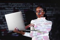 Female programmer cracking the binary code