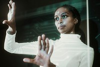 Woman touching virtual screen futuristic social media cover