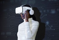 African American woman with virtual reality glasses smart technology