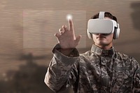 Soldier experiencing metaverse, VR headset touching virtual screen