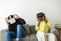 Couple experiencing VR simulation entertainment technology