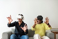 Couple experiencing VR simulation entertainment technology