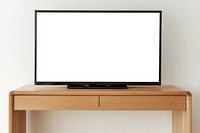 Blank white smart TV screen on a wooden table