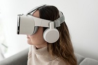 Woman experiencing VR simulation entertainment technology