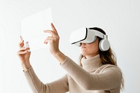 Woman with transparent tablet mockup psd and VR headset psd entertainment technology