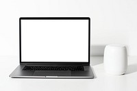 Laptop screen mockup psd by smart speaker