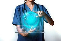 Transparent tablet mockup psd with hologram medical technology