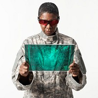 Military officer using transparent tablet army technology