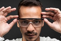 Man with smart glasses mockup psd futuristic technology