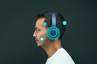 Man wearing wireless headphones smart technology
