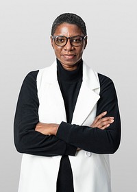 African American woman in beige suit portrait