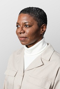 African American woman mockup psd in beige shirt portrait