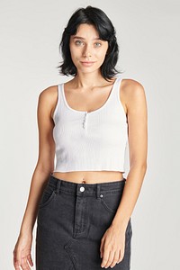 Women&#39;s white crop top and a black skirt mockup 