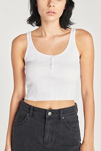 Simple white tank top mockup on a female model