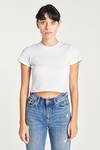 White crop top mockup with high waisted blue jeans 