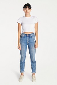 Women mockup in white crop top and jeans