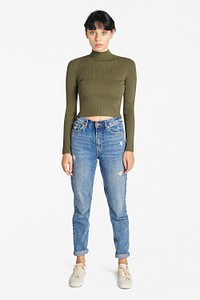 Woman wearing an army green high neck top mockup with high waisted blue jeans