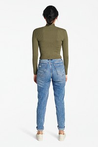 Rear view woman in green high neck top mockup with jeans