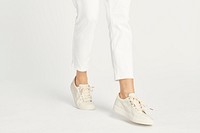 Woman wearing white sneakers mockup  