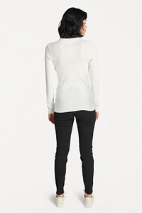 Rear view of a woman in long sleeved t-shirt