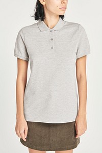 Gray polo shirt mockup on female model psd