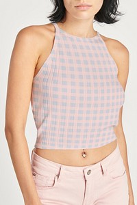 Woman in a checkered pattern cropped top mockup