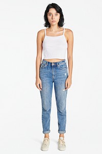 Woman in a white singlet top and jeans mockup