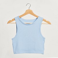 Baby blue cropped top mockup on a wooden hanger