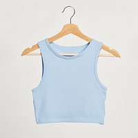 Baby blue cropped top on a wooden hanger 