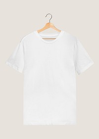 Psd white t-shirt mockup on a wooden hanger 
