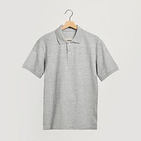 Men's gray polo shirt mockup on a wooden hanger