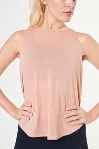 Blonde woman in a pink tank top 