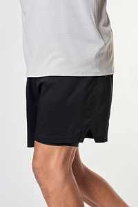 Men's black sport shorts with a white t-shirt