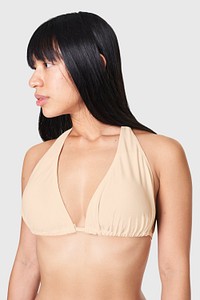 Women's beige halterneck bikini mockup psd