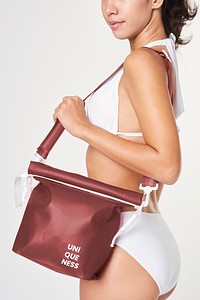 Brown waterproof bag mockup and a girl in biki