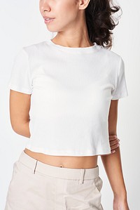 Women in a sexy white cropped top with design space