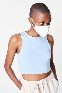 New normal black woman in a blue high neck crop top mockup
