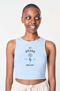 Black woman in a high neck blue crop top psd mockup